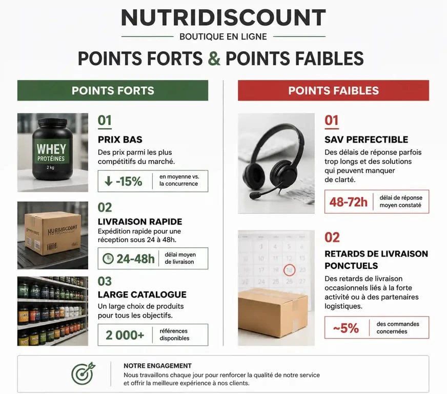 Infographie récapitulative des avis sur Nutridiscount : points forts et points faibles pour les clients