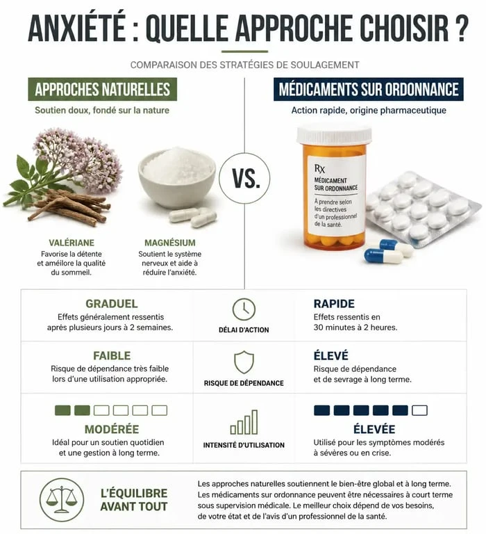 Infographie comparative : médicaments sur ordonnance vs solutions naturelles pour calmer les nerfs