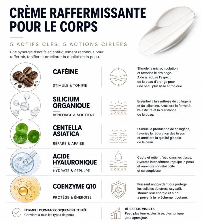 Infographie des actifs clés pour la meilleure crème raffermissante corps et leurs bienfaits sur l'élasticité de la peau