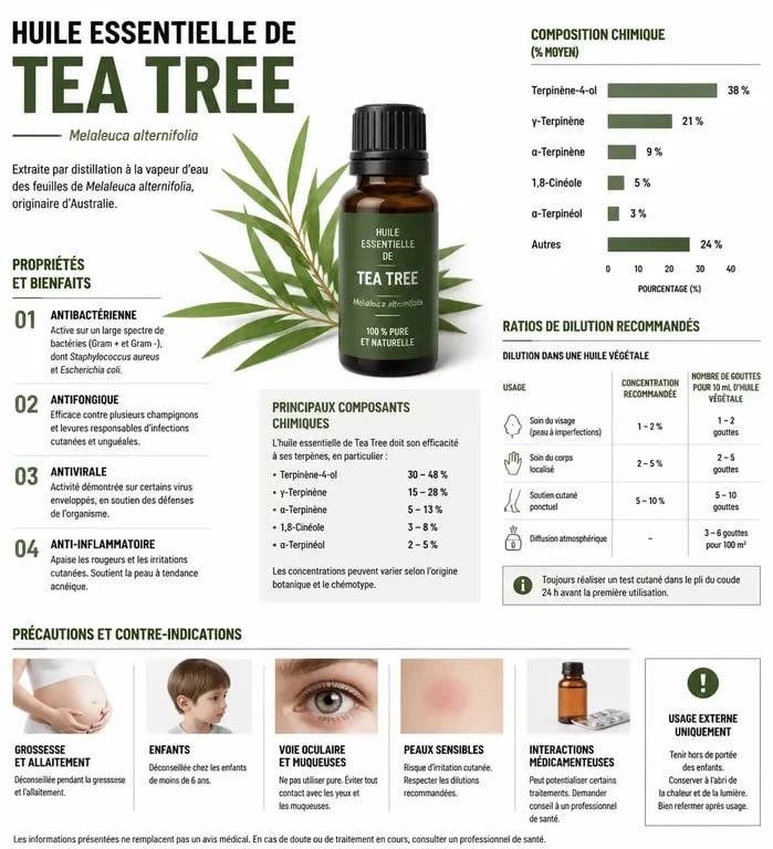 Infographie sur les bienfaits et précautions d'utilisation de l'huile essentielle de tea tree