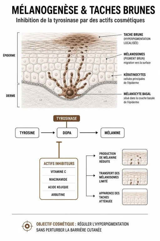 Schéma explicatif du fonctionnement des correcteurs de taches brunes et de la mélanogenèse pour traiter l'hyperpigmentation.