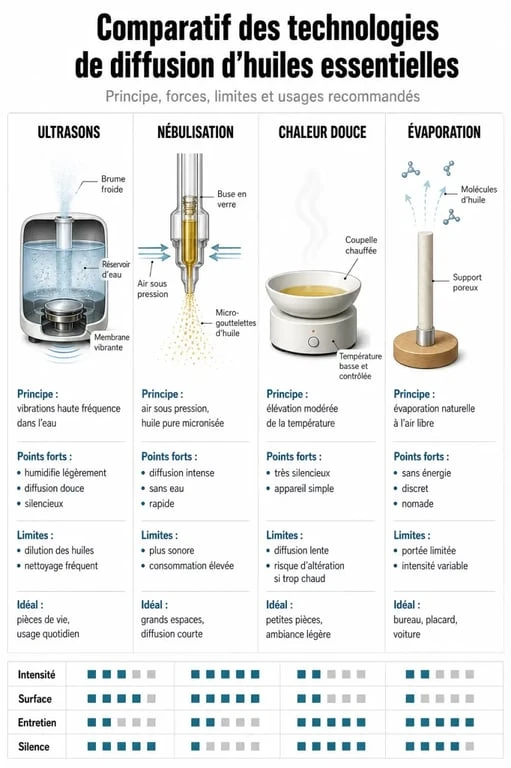 Comparatif des technologies de diffuseur humidificateur d'huiles essentielles : ultrasons, nébulisation, chaleur et évaporation