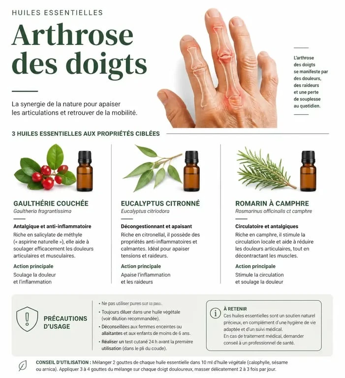 Infographie sur les huiles essentielles pour l'arthrose des doigts : propriétés et précautions d'utilisation