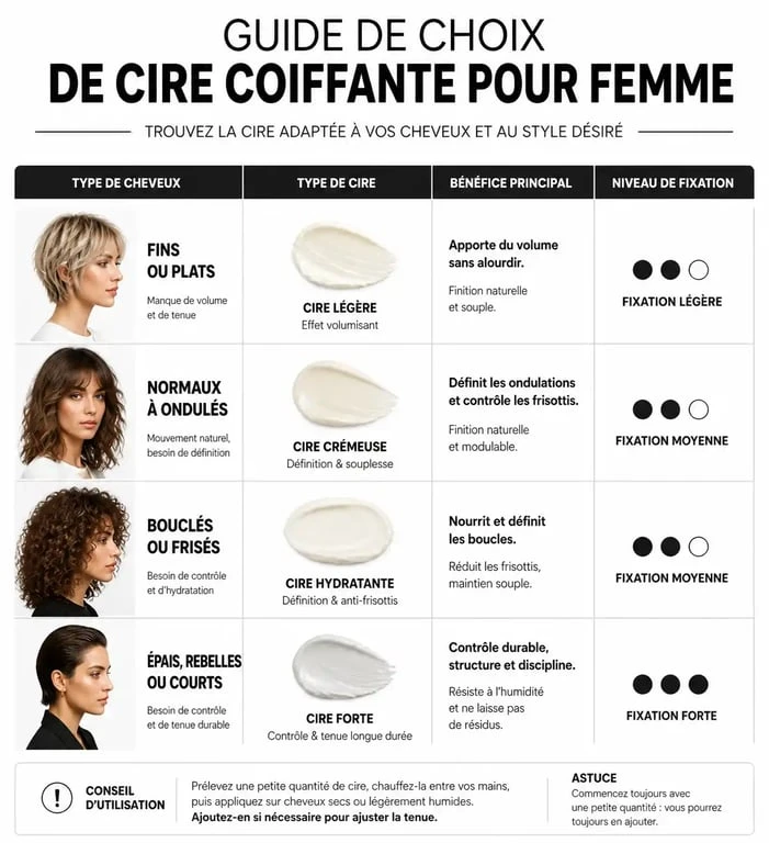 Infographie récapitulative pour choisir la meilleure cire coiffante femme selon son type de cheveux