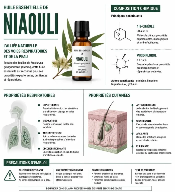 Infographie des bienfaits et propriétés de l'huile essentielle de niaouli pour la santé