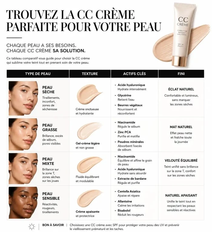 Tableau comparatif pour choisir la meilleure CC crème selon son type de peau