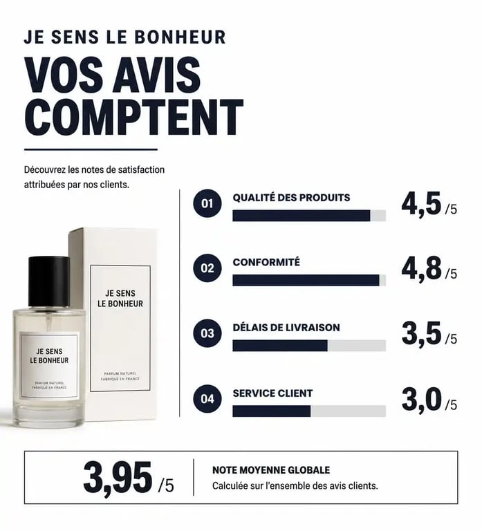 Infographie récapitulative des avis et notes de satisfaction du site de cosmétiques Je Sens le Bonheur