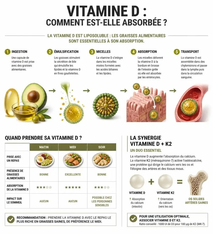 Infographie sur l'absorption de la vitamine D et les conseils de prise selon les repas