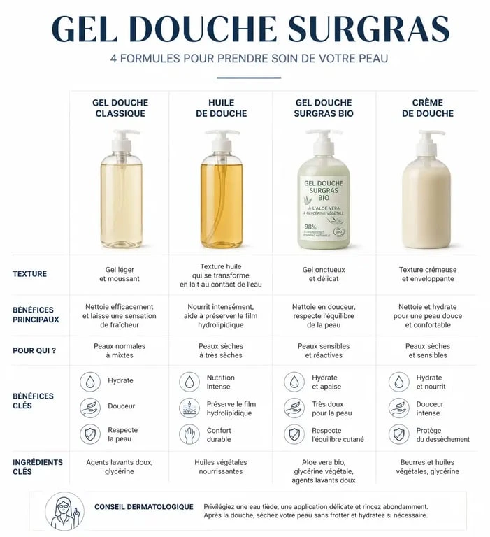 Comparatif des différents types de gels douche surgras pour choisir le meilleur gel douche surgras selon son type de peau.