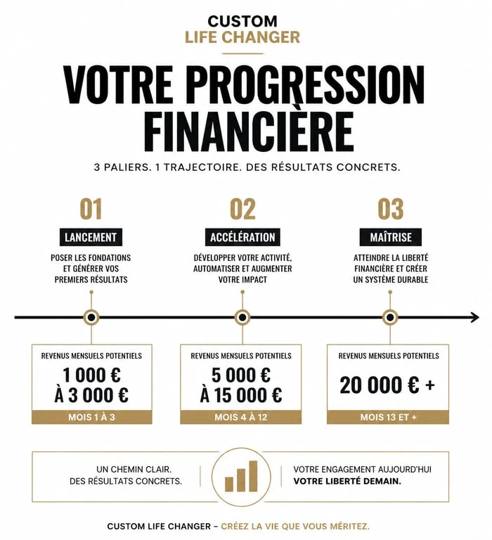 Infographie de la progression des revenus avec le programme Custom Life Changer