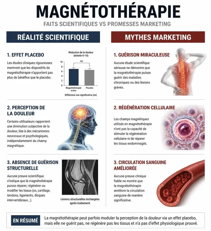 Infographie comparant la réalité scientifique et les mythes marketing sur l'efficacité des bracelets magnétiques et leur avis médical.