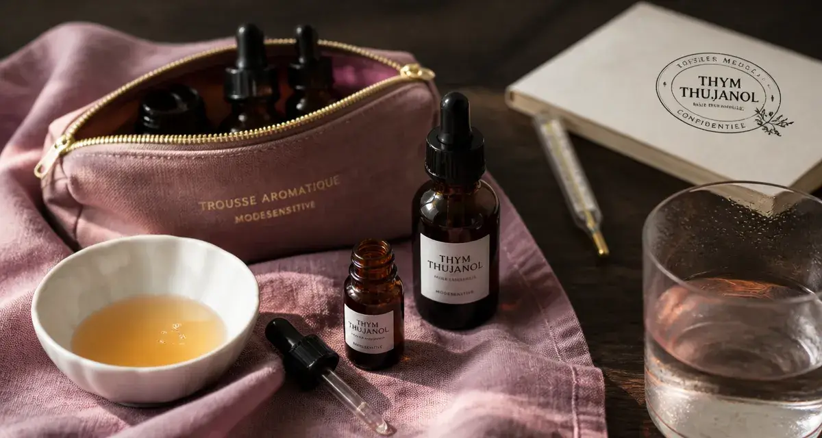 Huile essentielle angine : trousse aromatique, miel et eau tiède pour apaiser la gorge