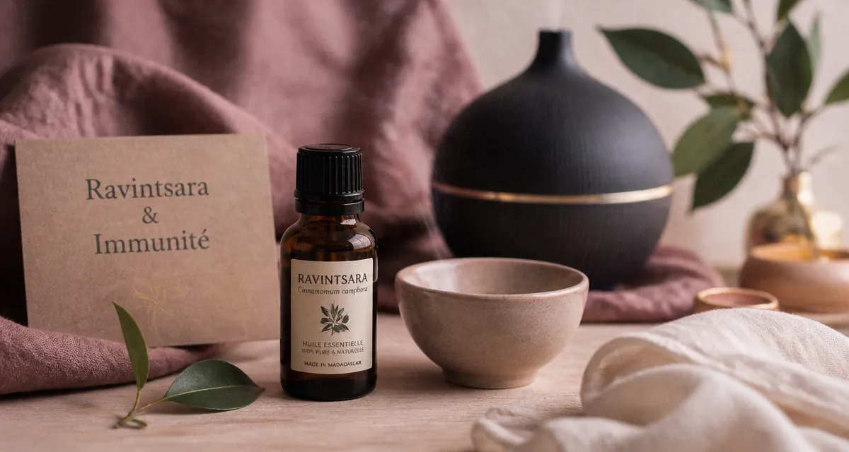 Huile essentielle ravintsara bienfaits : photo flacon huile et inhalation voies respiratoires