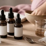 Meilleure huile de massage en flacons ambrés, table bois et gaze