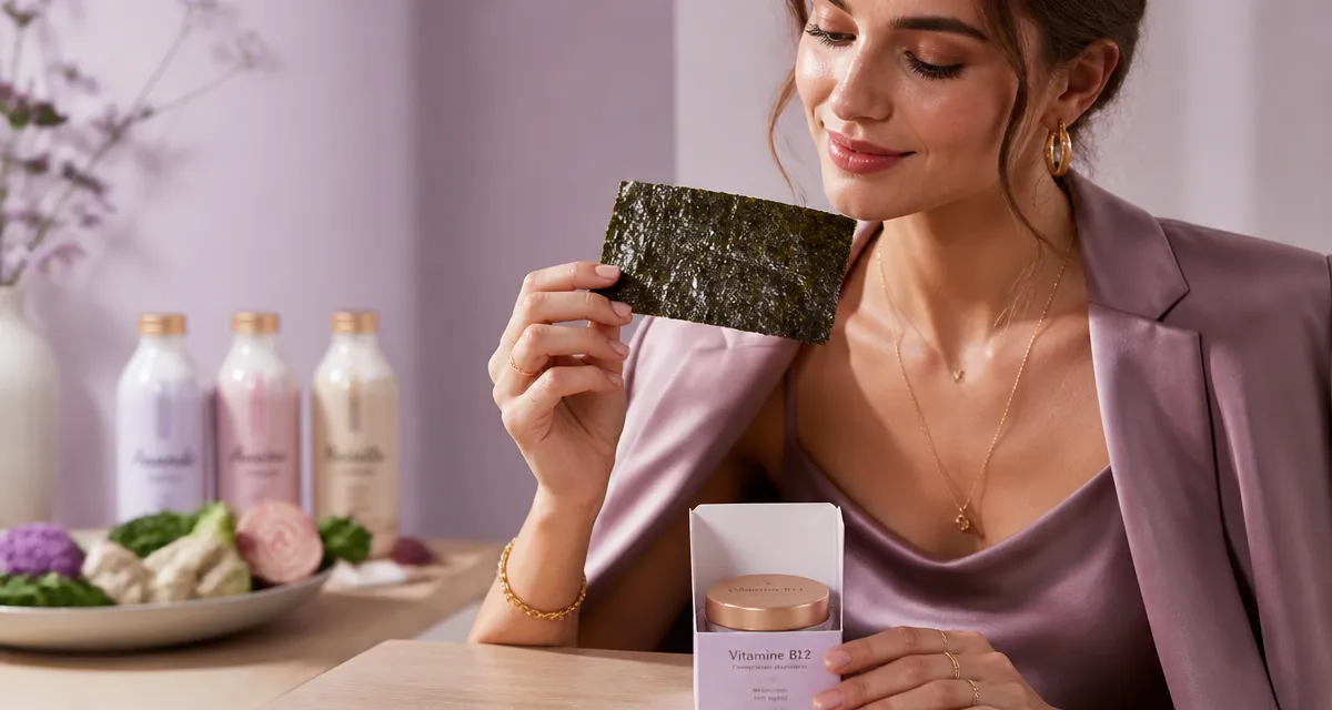 où trouver la vitamine b12 dans les legumes, femme avec algue nori et compléments