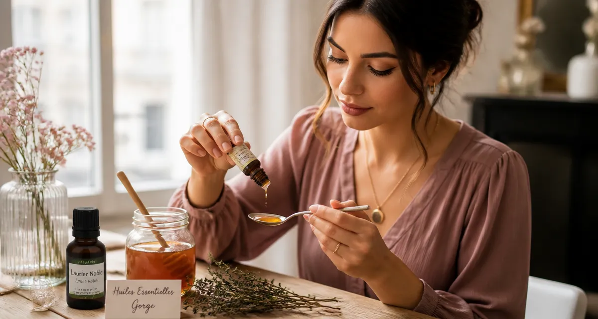 quelle huile essentielle pour le mal de gorge femme fiole miel