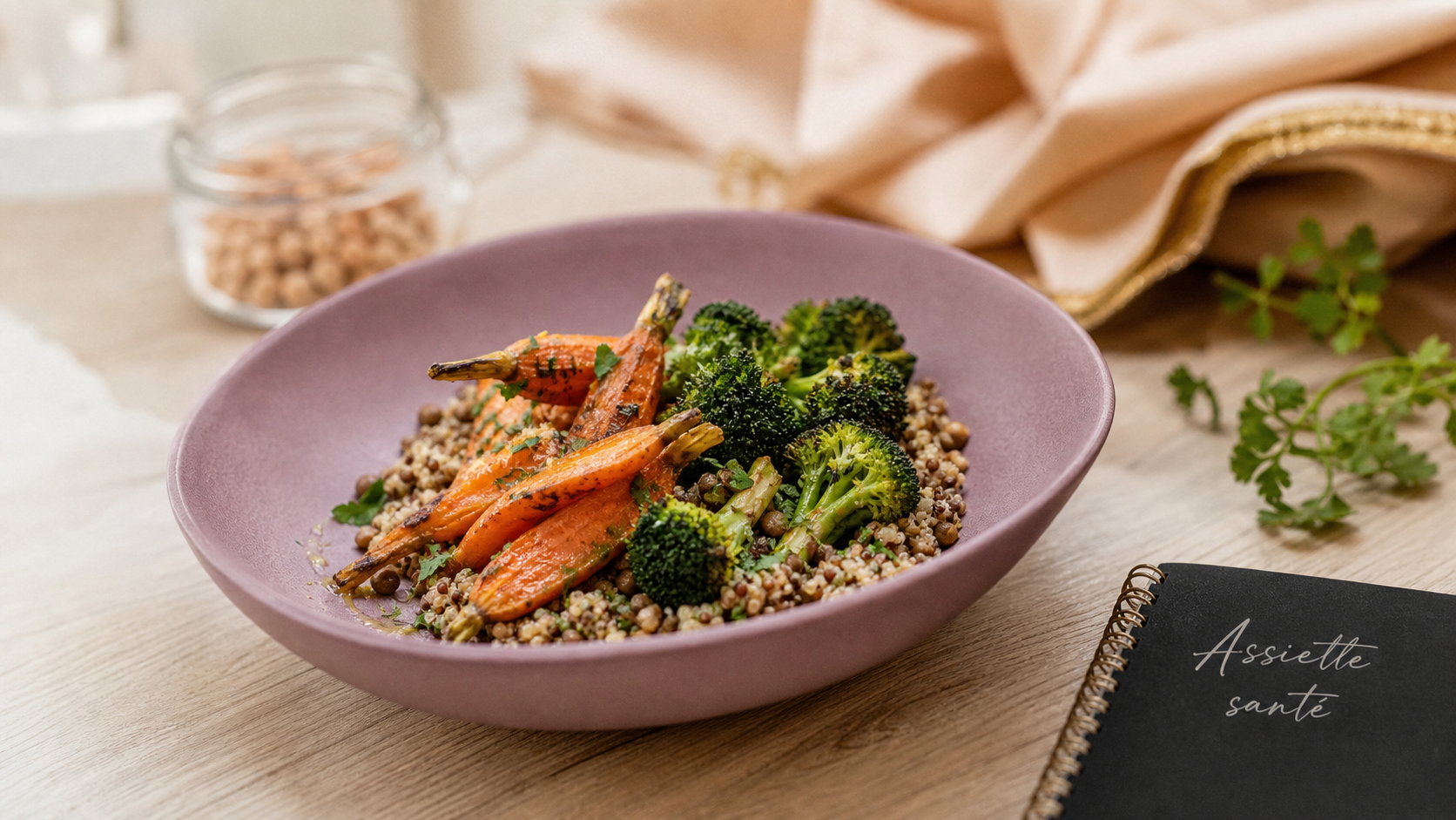 Aliment bon pour la santé : assiette fibres, lentilles et quinoa