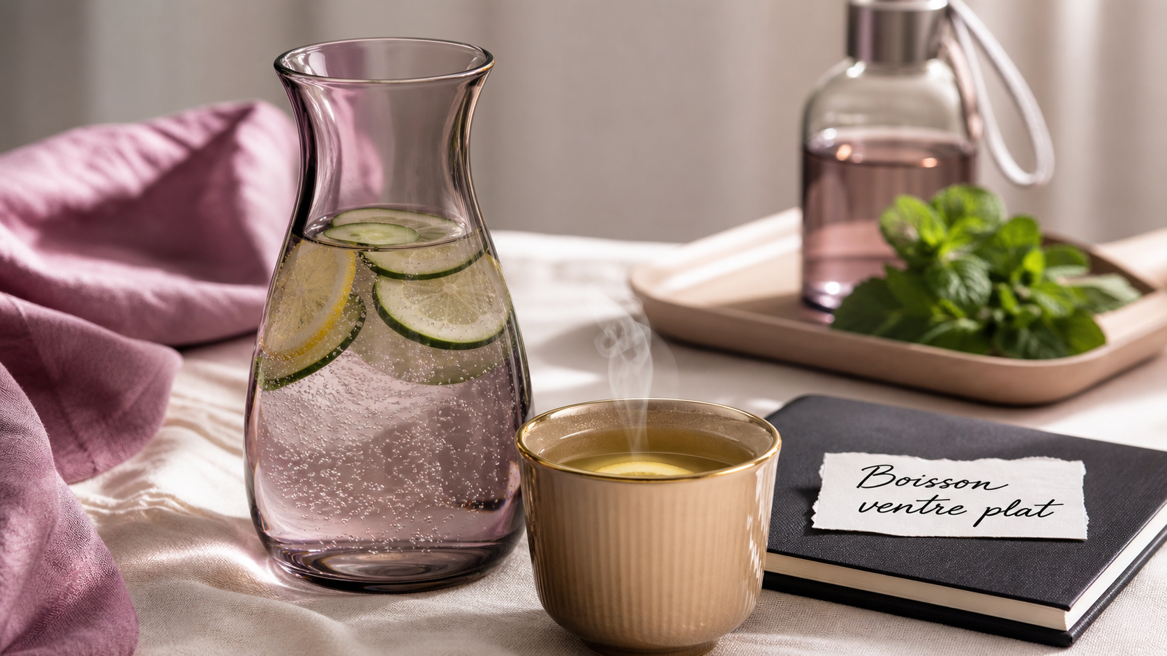 Boisson pour perdre du ventre : eau infusée au thé vert, citron et concombre