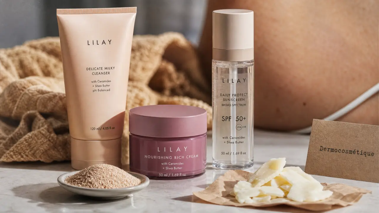 Trio de soins dermocosm&eacute;tiques&nbsp;: nettoyant, cr&egrave;me nourrissante et protection SPF sur un plan de marbre