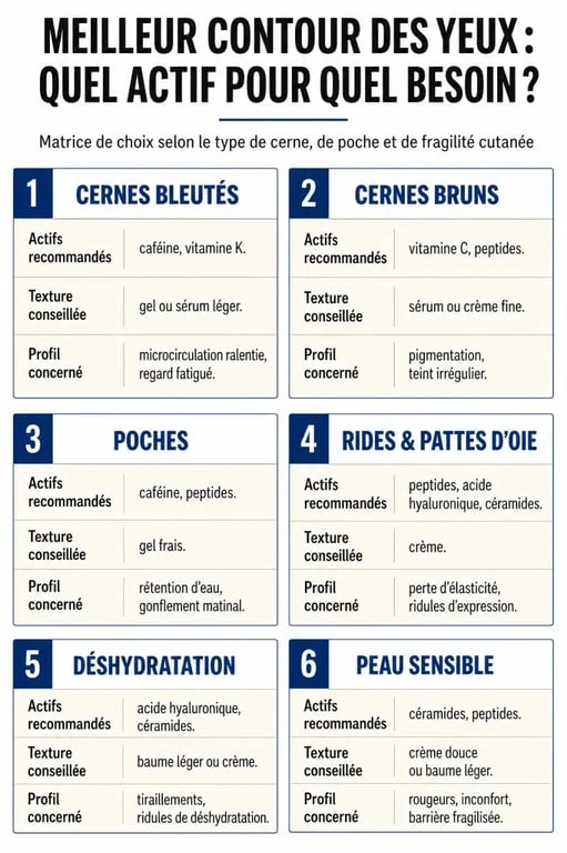 Infographie comparative sur le meilleur contour des yeux selon les besoins : cernes, poches, rides, déshydratation et peau sensible