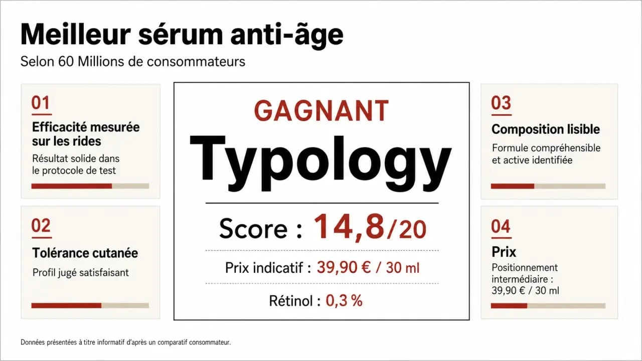 Meilleur sérum anti-âge 60 millions de consommateur : Typology en tête avec score 14,8/20 et critères de comparaison