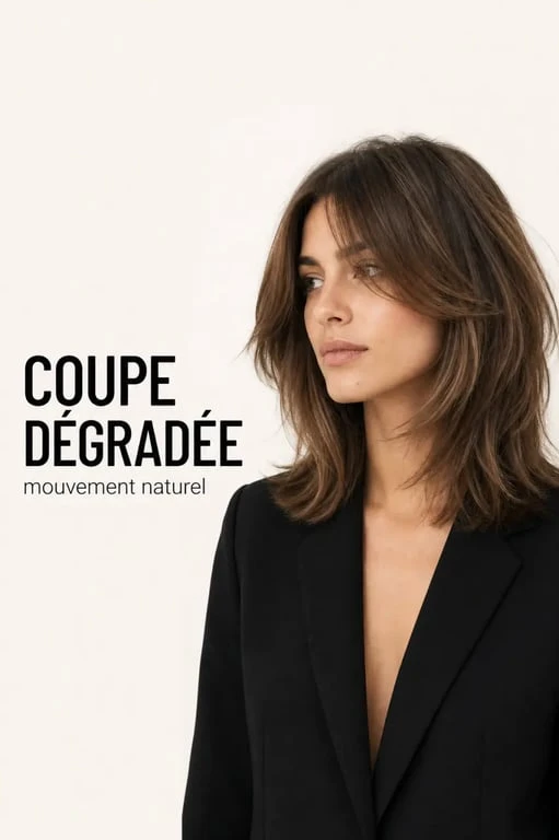 Moderne coupe femme mi long dégradé avec mouvement naturel et mèches encadrantes
