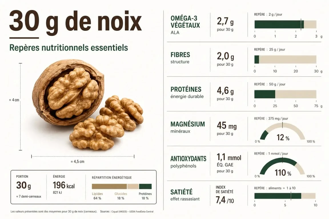Bienfaits des noix : infographie santé sur la composition nutritionnelle et les effets sur la satiété