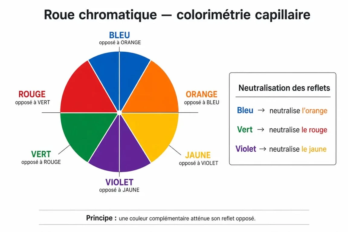 Roue chromatique de colorimétrie pour neutraliser les reflets roux et cuivrés naturellement