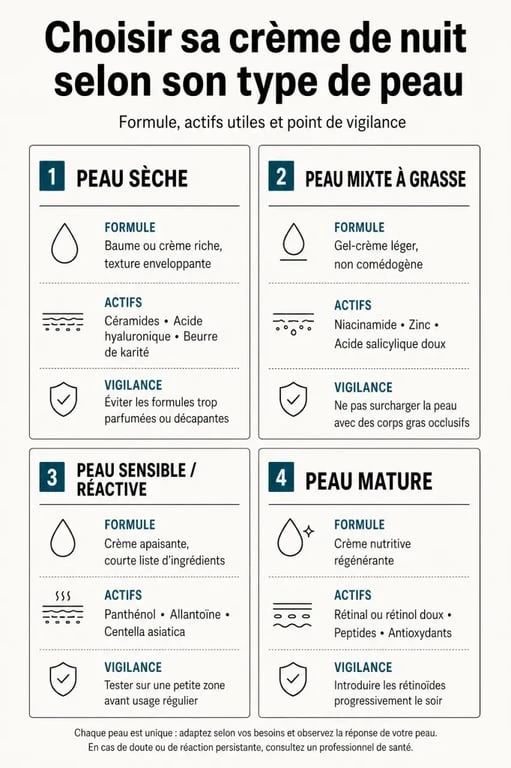 Meilleure crème de nuit que choisir : infographie comparative selon le type de peau