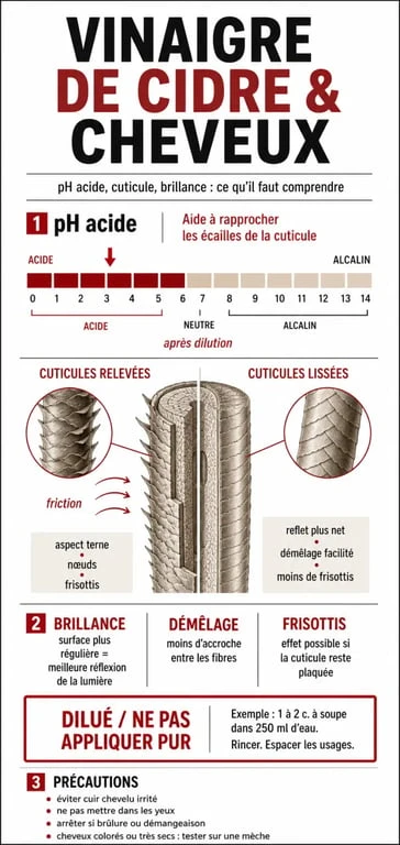 Infographie sur le vinaigre de cidre et cheveux : effets sur la brillance, le démêlage et les précautions d’usage