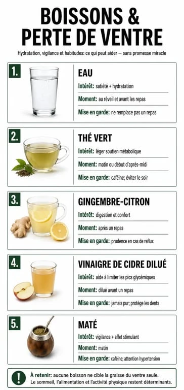 Infographie sur les boisson pour perdre du ventre avec avantages, moments de consommation et précautions