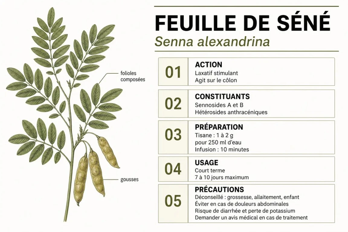 Feuille de séné : schéma éditorial des usages, du dosage et des précautions