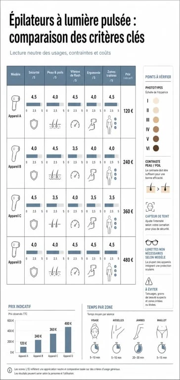 Comparatif épilateur lumière pulsée 60 millions de consommateur avec critères de sécurité, compatibilité peau et prix
