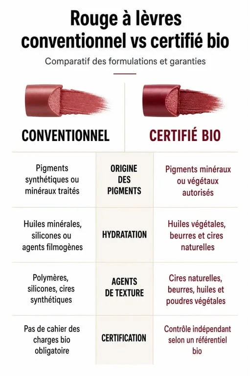 Infographie comparative : rouge à lèvres bio que choisir, différences entre maquillage conventionnel et certifié bio