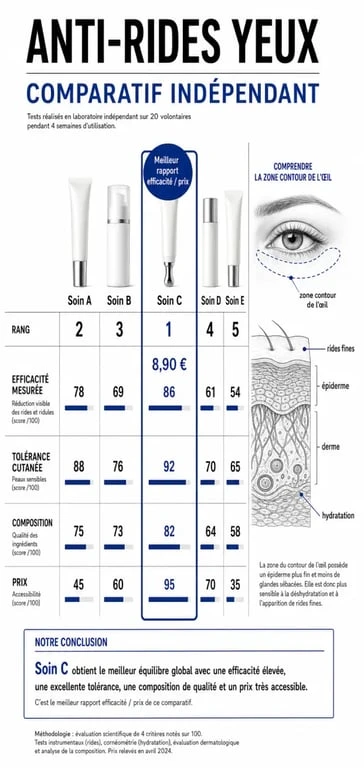Comparatif du meilleur anti-rides yeux 60 millions de consommateur avec critères d’efficacité, tolérance, composition et prix