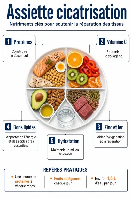 Aliments cicatrisation : visuel récapitulatif des nutriments clés et des aliments à privilégier