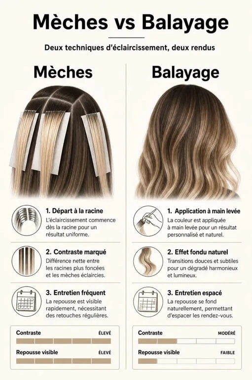 Infographie comparative des différences entre mèches et balayage pour choisir sa coloration capillaire
