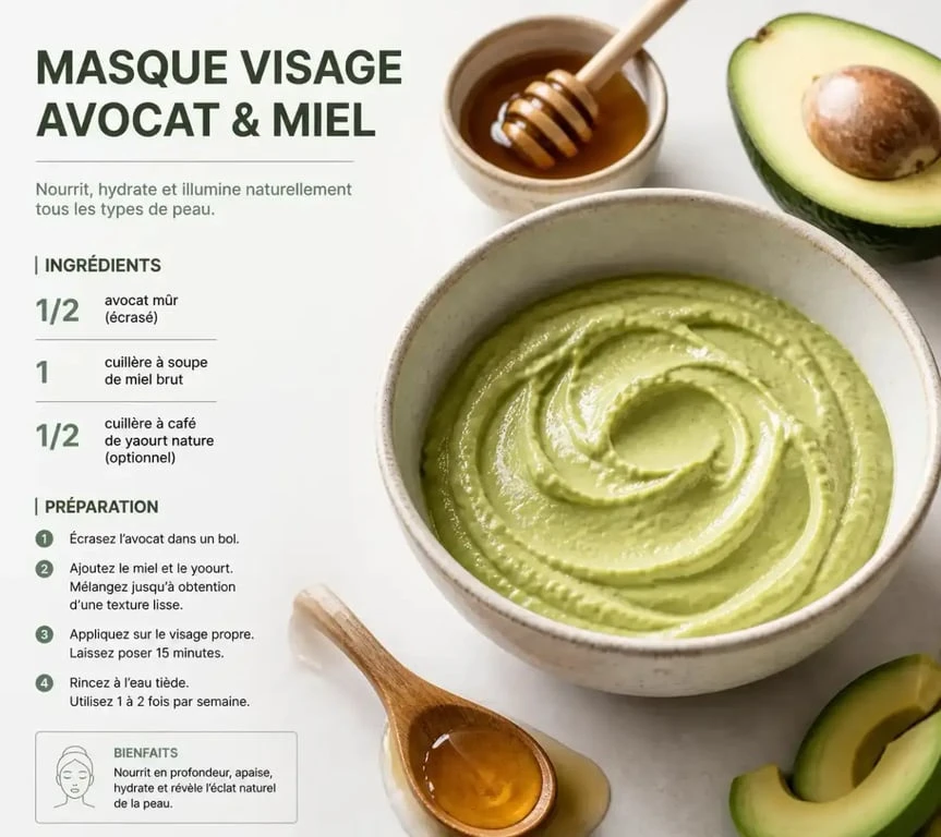 Masque pour le visage maison à l'avocat et au miel dans un bol en céramique