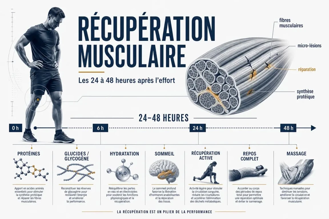 Récupération musculaire : frise 24 à 48 heures montrant protéines, hydratation, sommeil et repos après l’effort