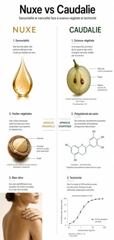 Comparatif Nuxe vs Caudalie : choisir entre sensorialité et efficacité technique pour vos soins cosmétiques
