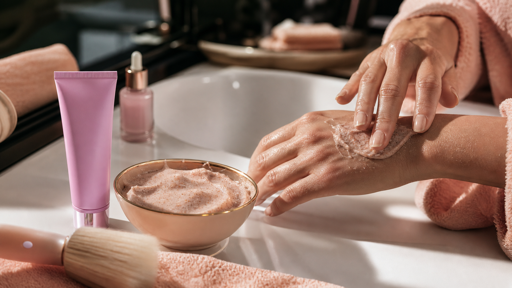 Meilleur gommage visage : tube sérum et exfoliant crème à fines particules sur main