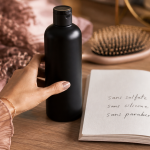 Meilleur shampoing sans sulfate sans silicone sans paraben, flacon noir mat sur carnet INCI