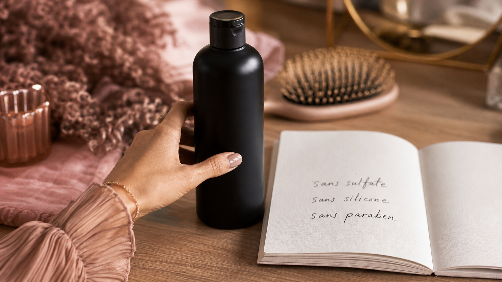 Meilleur shampoing sans sulfate sans silicone sans paraben, flacon noir mat sur carnet INCI