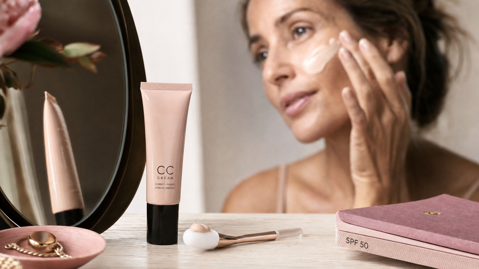Meilleure CC crème pour peau mature SPF 50 : texture ne marque pas, application sur joue