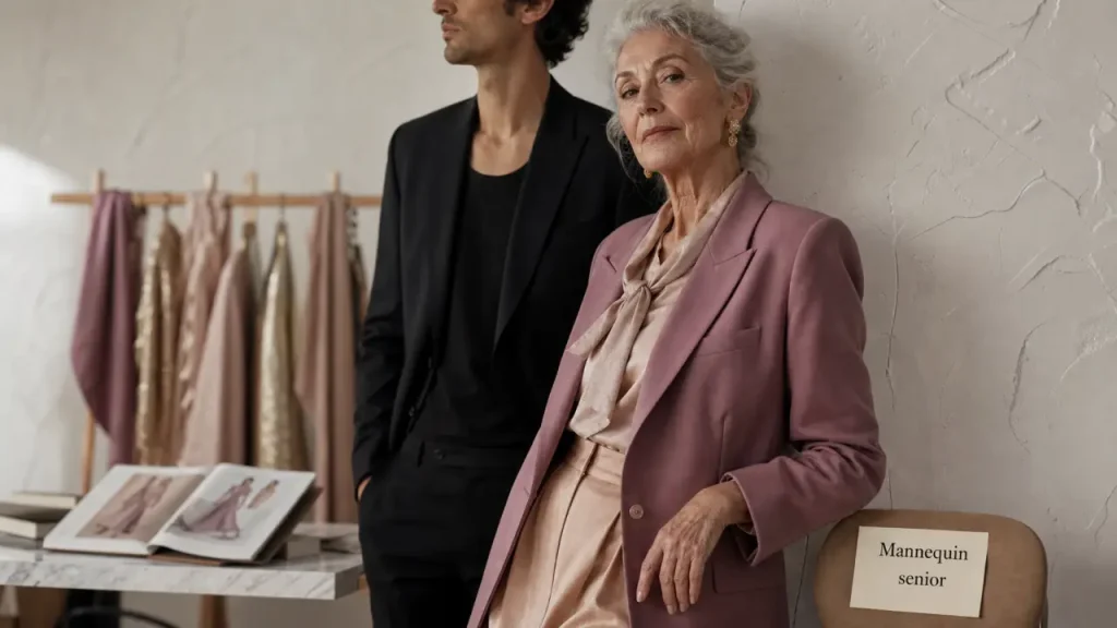 Mensuration mannequin senior en studio, femme senior et silhouette adulte