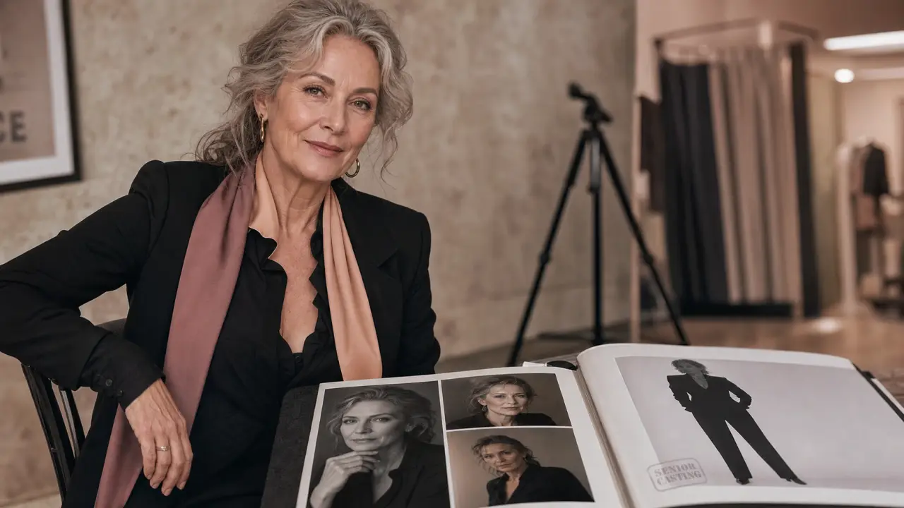 Femme sénior souriante feuilletant un book photo en studio