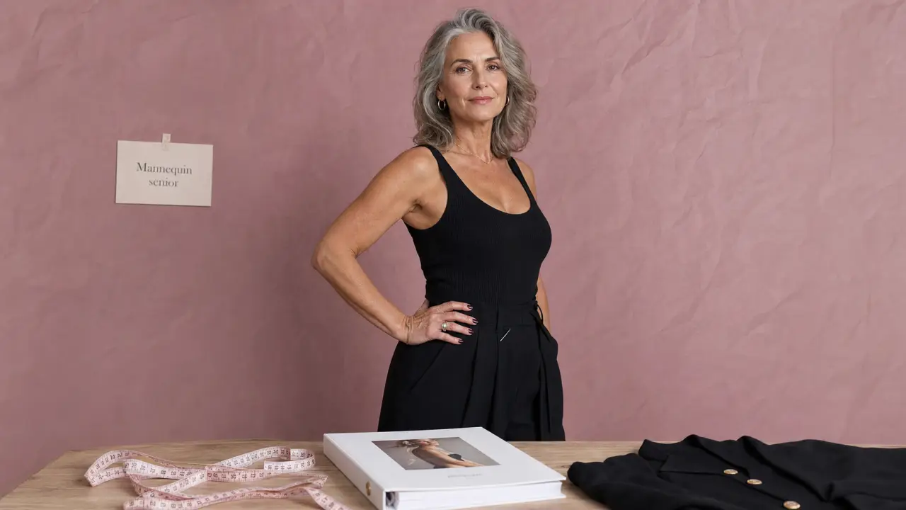 Femme sénior en total look noir posant avec assurance sur fond rosé