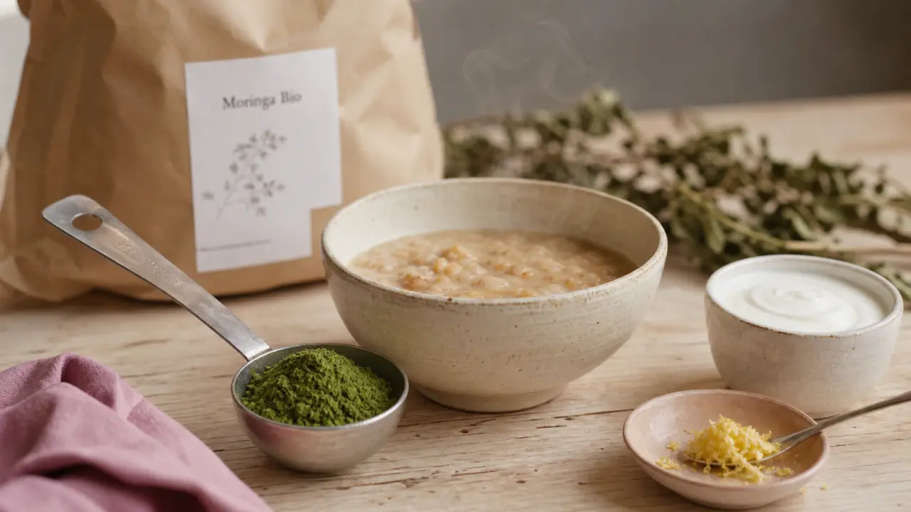 Poudre de moringa en cuillère, porridge et yaourt