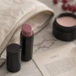 Rouge à lèvres bio que choisir : étui noir et tube mauve-rosé sur marbre