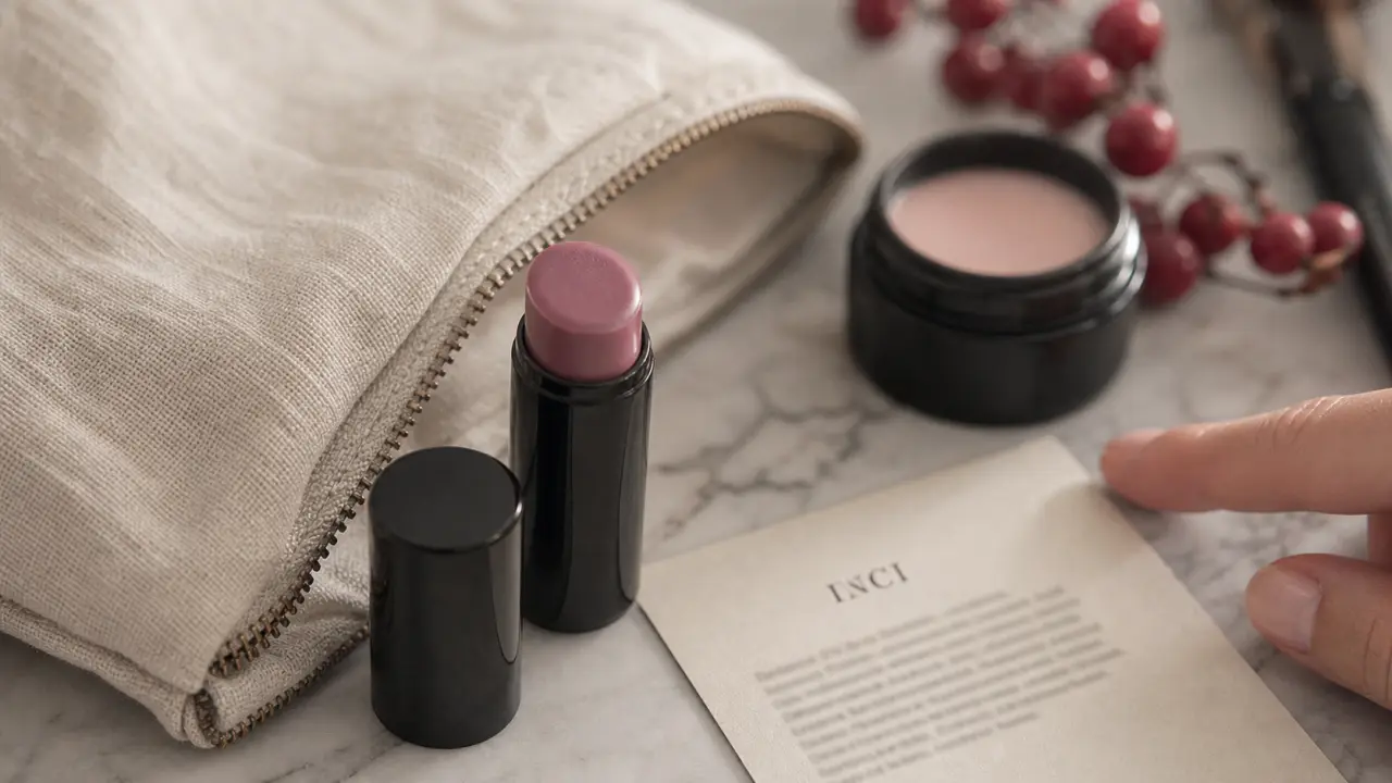 Rouge à lèvres bio que choisir : étui noir et tube mauve-rosé sur marbre